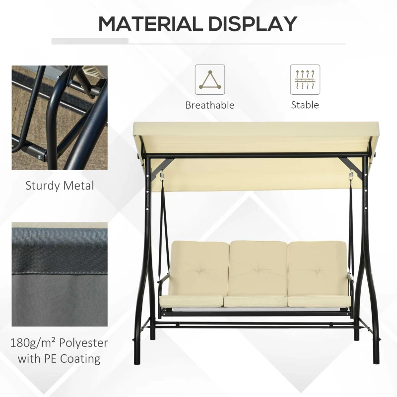 Outsunny Convertible Patio Swing Bed with Canopy and Cushions, 3 Seater Porch Swing for Outdoor, Backyard, Garden, Beige
