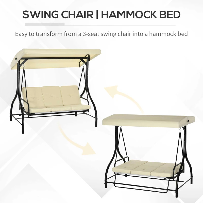 Outsunny Convertible Patio Swing Bed with Canopy and Cushions, 3 Seater Porch Swing for Outdoor, Backyard, Garden, Beige