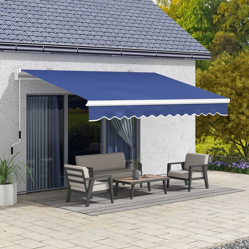 Outsunny 13' x 8' Patio Awning, Manual Retractable Sun Shade with UV Protection and Easy Crank Opening, Dark Blue