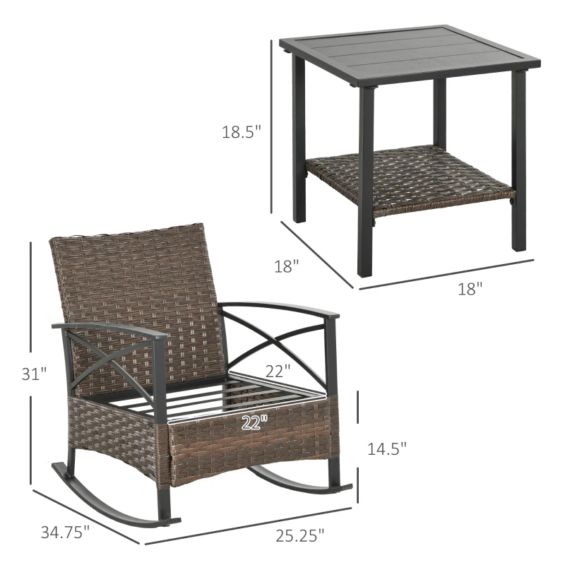 Outsunny 3 Piece Rocking Bistro Set, Outdoor Wicker Patio Conversation Set with Rockers, Table, Cushions, for Garden, Dark Blue
