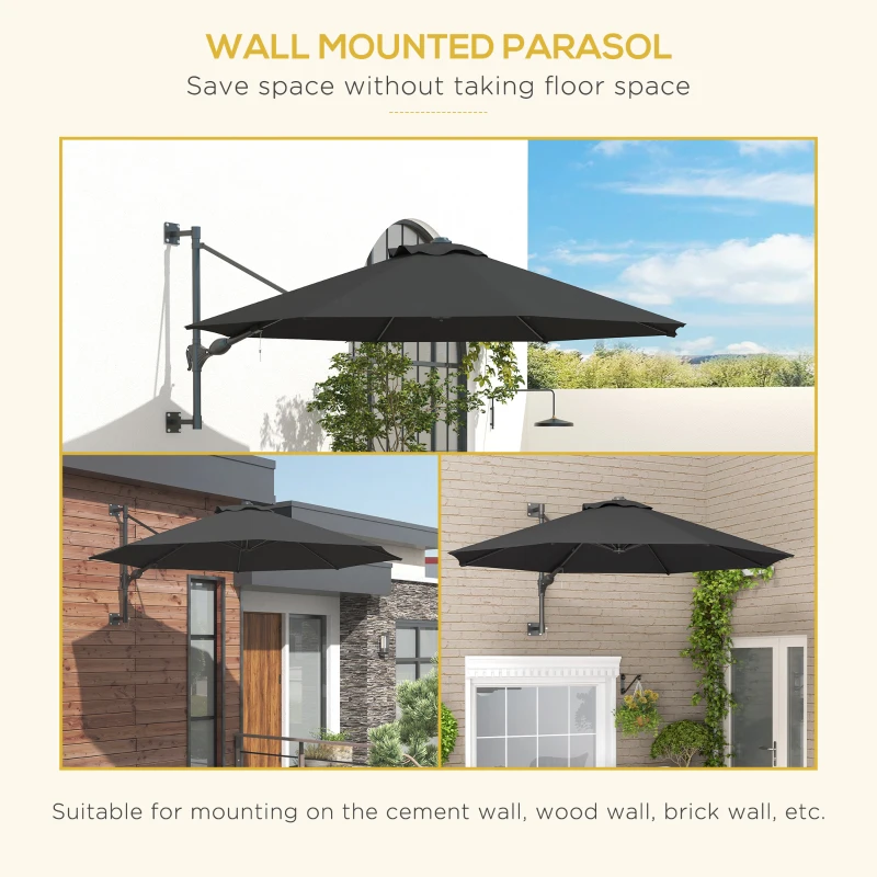 Outsunny 9.6 x 9.6 ft Wall Mounted Umbrella with Rotate, Patio Market Umbrella Parasol for Outdoor with Crank, Charcoal Grey
