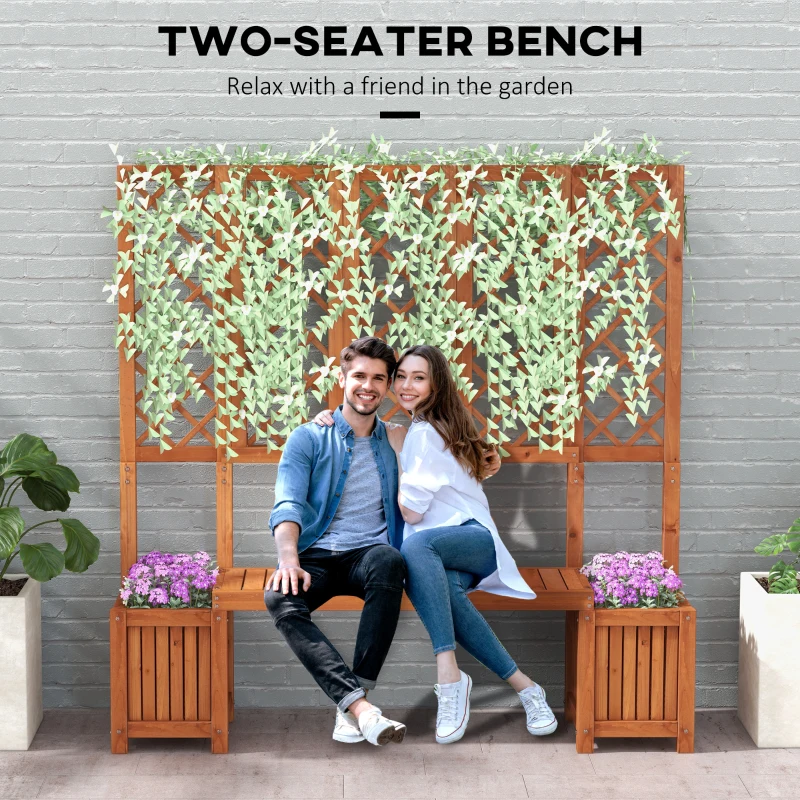 Outsunny Wood Outdoor Bench with Trellis for Climbing Plants and 2 Planter Boxes Garden Planter with Bench Privacy Panel Brown