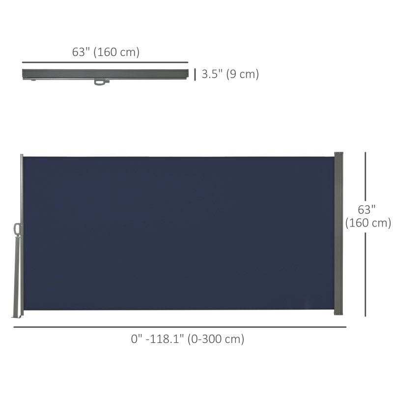 Outsunny 118" x 63" Outdoor Folding Privacy Screen Retractable Side Awning Patio with Resistance to UV Rays and Wind Dark Blue
