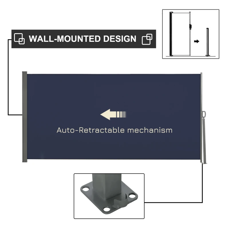 Outsunny 118" x 63" Outdoor Folding Privacy Screen Retractable Side Awning Patio with Resistance to UV Rays and Wind Dark Blue