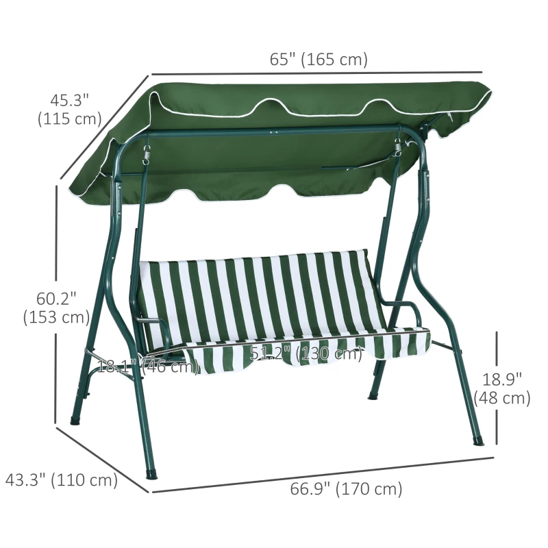 Outsunny Outdoor Porch Swing with Adjustable Canopy, 3-Seater Patio Swing Chair with Cushion, Green