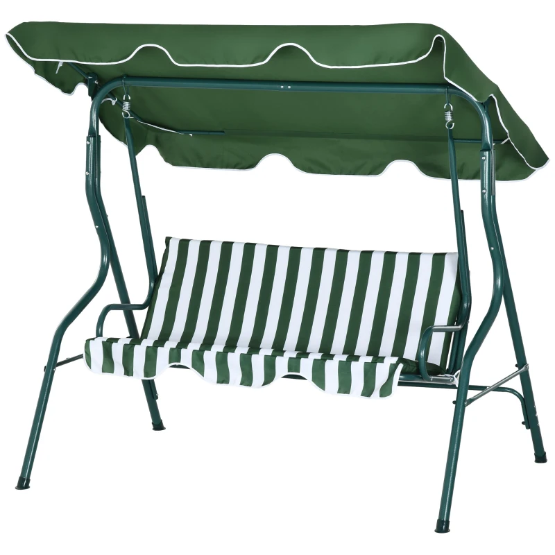 Outsunny Outdoor Porch Swing with Adjustable Canopy, 3-Seater Patio Swing Chair with Cushion, Green