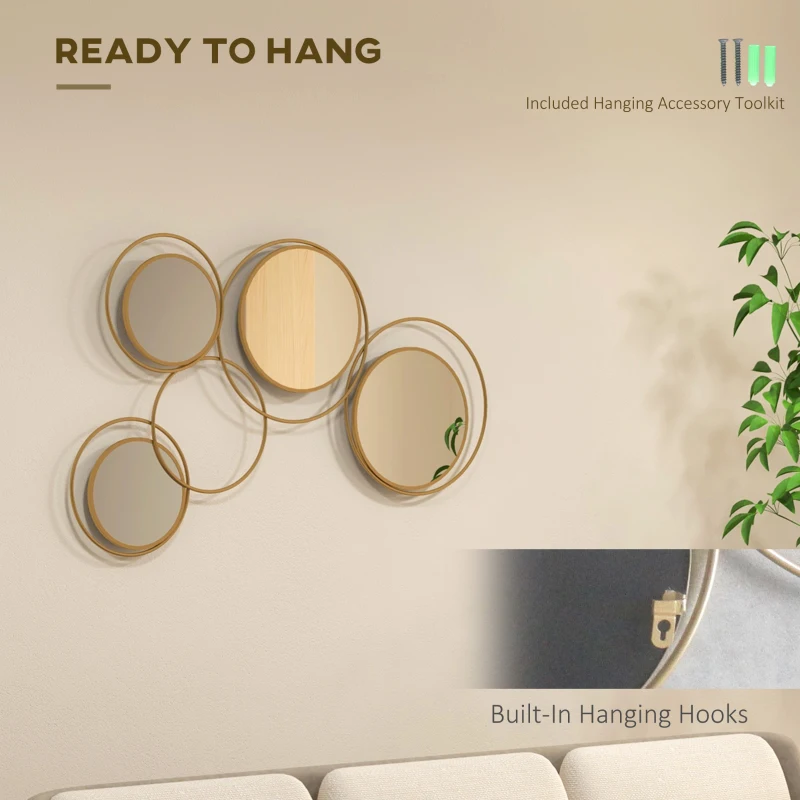 HOMCOM Metal Wall Mirror Decor, Modern Decorative Wall Art, Hanging Home Decor for Living Room Bedroom, Gold Tone