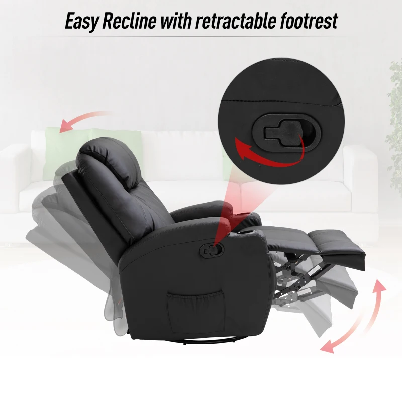 HOMCOM Faux Leather Recliner Chair with Massage, Vibration, Muti-function Padded Sofa Chair with Remote Control, 360 Degree Swivel Seat with Dual Cup Holders, Black