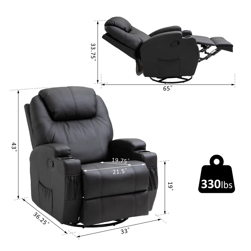 HOMCOM Faux Leather Recliner Chair with Massage, Vibration, Muti-function Padded Sofa Chair with Remote Control, 360 Degree Swivel Seat with Dual Cup Holders, Black