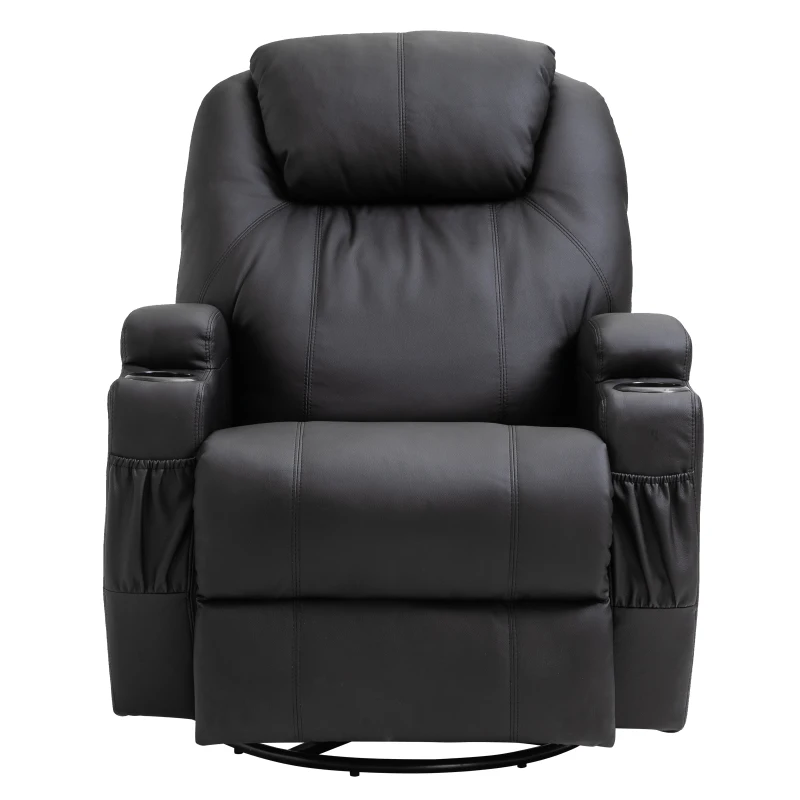 HOMCOM Faux Leather Recliner Chair with Massage, Vibration, Muti-function Padded Sofa Chair with Remote Control, 360 Degree Swivel Seat with Dual Cup Holders, Black