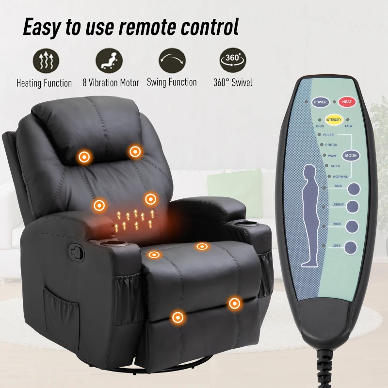 HOMCOM Faux Leather Recliner Chair with Massage, Vibration, Muti-function Padded Sofa Chair with Remote Control, 360 Degree Swivel Seat with Dual Cup Holders, Black