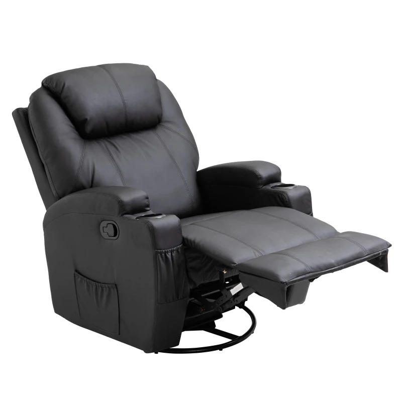 HOMCOM Faux Leather Recliner Chair with Massage, Vibration, Muti-function Padded Sofa Chair with Remote Control, 360 Degree Swivel Seat with Dual Cup Holders, Black