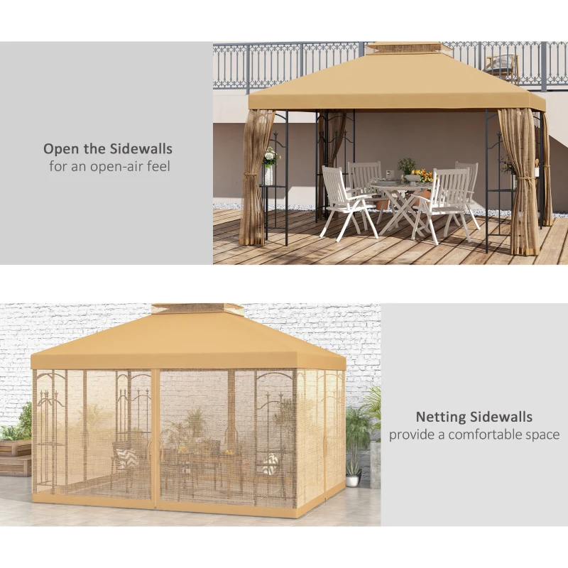 Outsunny 10' x 12' Steel Outdoor Gazebo, Elegant Garden Shelter with Mesh Curtains, Brown - Ideal for Patio & Backyard Entertaining