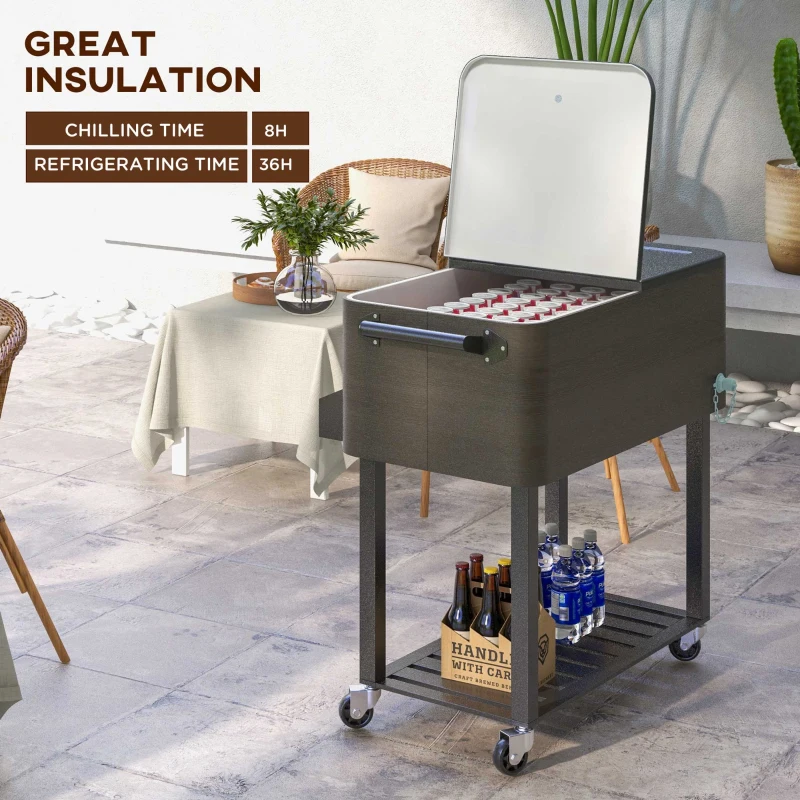 Outsunny Outdoor Beverage Cooler Bar Cart, 67-Qt Patio Cooler Cart Rolling Ice Chest with Shelf, Bottle Opener and Wheels, Grey