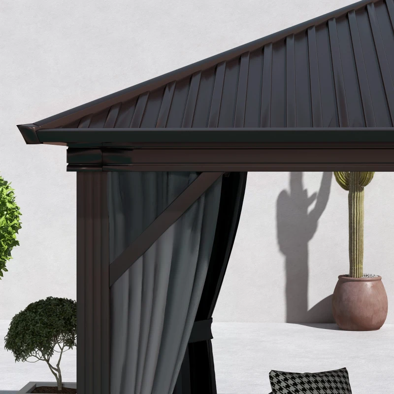 Outsunny 10' x 12' Hardtop Gazebo with Galvanized Steel Roof, Metal Canopy with Top Hook, Netting and Curtains, Dark Gray