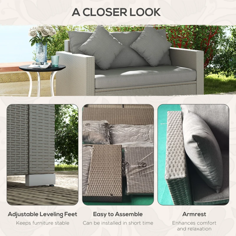 Outsunny Outdoor Wicker Loveseat, Patio Furniture Couch with Cushions, 2 Seats PE Rattan Sofa, 2 Throw Pillows, Gray