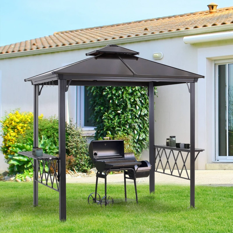Outsunny 8' X 5' Barbecue Grill Gazebo Tent, Outdoor BBQ Canopy With Side Shelves, And Double Layer PC Roof, Brown