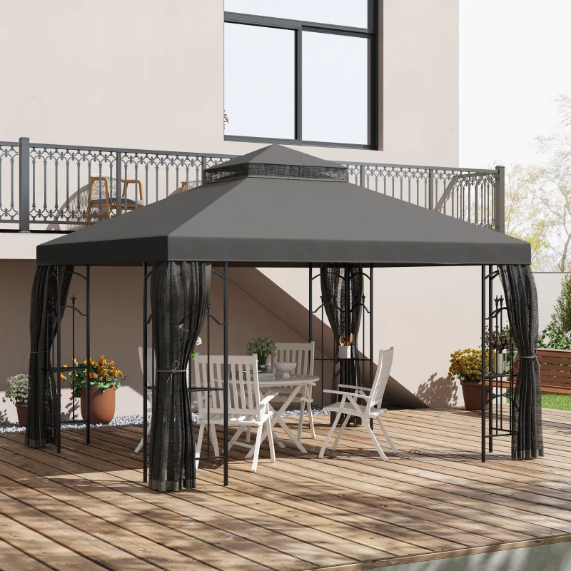 Outsunny 10' x 12' Steel Gazebo, Outdoor Garden Gazebo with Mesh Curtains, Durable & Elegant Shelter, Gray