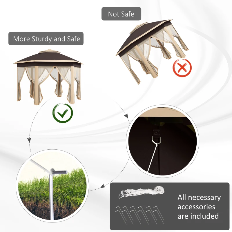 Outsunny 13' x 13' Pop Up Gazebo Hexagonal Canopy Shelter with 6 Zippered Mesh Netting for Patio, Backyard, Garden, Wedding, Party, Beige