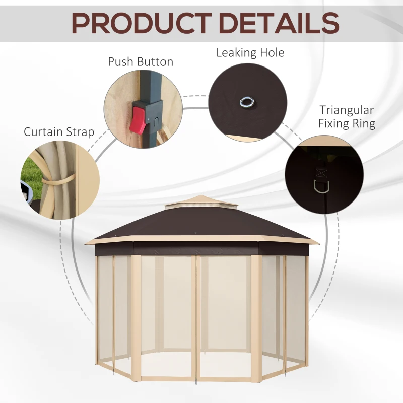 Outsunny 13' x 13' Pop Up Gazebo Hexagonal Canopy Shelter with 6 Zippered Mesh Netting for Patio, Backyard, Garden, Wedding, Party, Beige