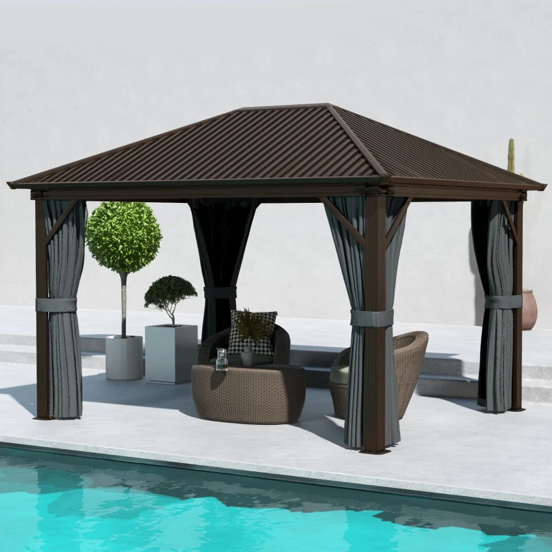 Outsunny 10' x 12' Hardtop Gazebo with Galvanized Steel Roof, Metal Canopy with Top Hook, Netting and Curtains, Dark Gray