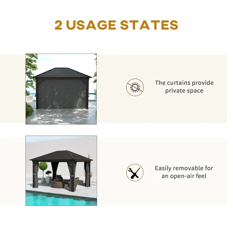 Outsunny 10' x 12' Hardtop Gazebo with Galvanized Steel Roof, Metal Canopy with Top Hook, Netting and Curtains, Dark Gray