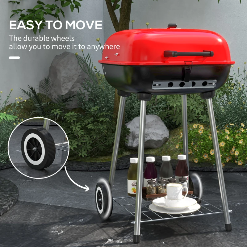 Outsunny 18" Portable BBQ Grill Charcoal Grill with Wheels Bottom Shelf and Adjustable Vents for Picnic, Camping, Backyard, Red