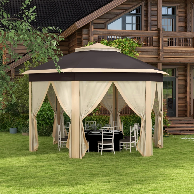 Outsunny 13' x 13' Pop Up Gazebo Hexagonal Canopy Shelter with 6 Zippered Mesh Netting for Patio, Backyard, Garden, Wedding, Party, Beige
