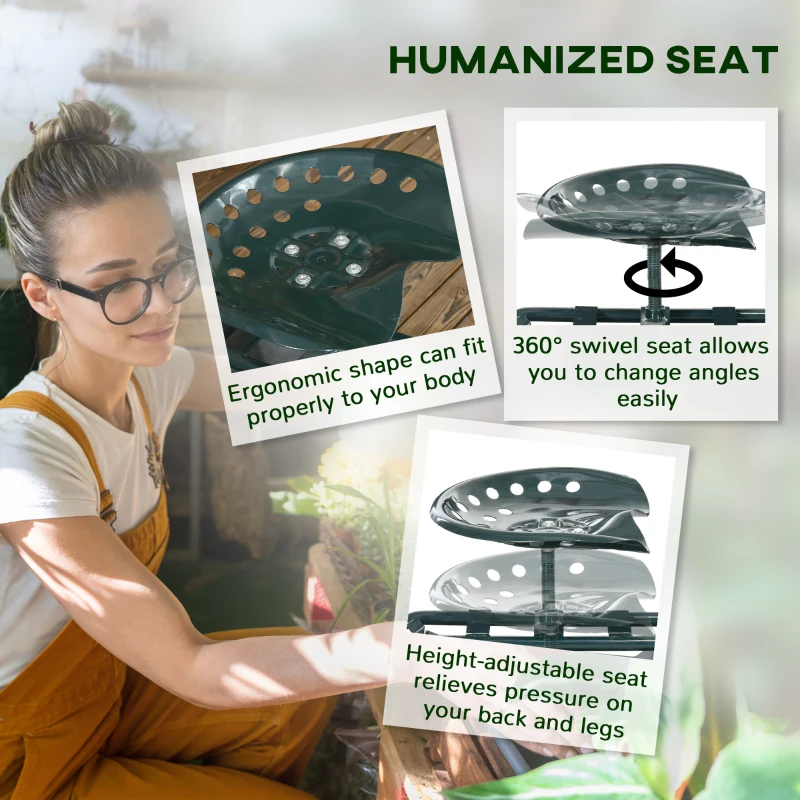 Outsunny Garden Cart Garden Seat on Wheels with Tool Tray, 360° Swivel and Height Adjustable Seat, for Patio and Yard