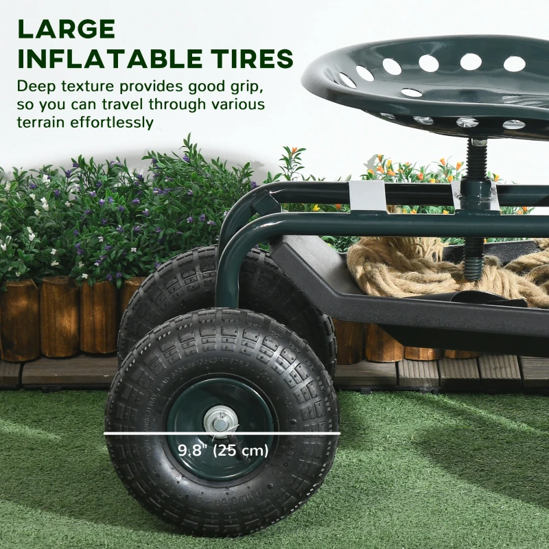 Outsunny Garden Cart Garden Seat on Wheels with Tool Tray, 360° Swivel and Height Adjustable Seat, for Patio and Yard