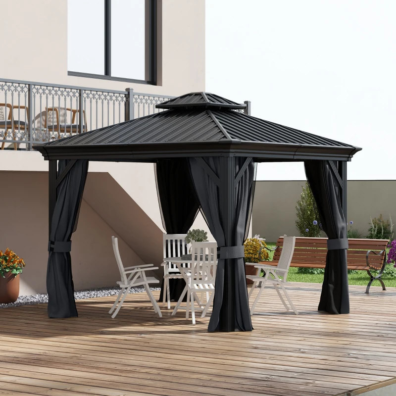 Outsunny 10' x 12' Hardtop Gazebo Permanent Pavilion w/ Double Roof Aluminum Frame Sidewalls for Patio Garden Deck, Dark Gray