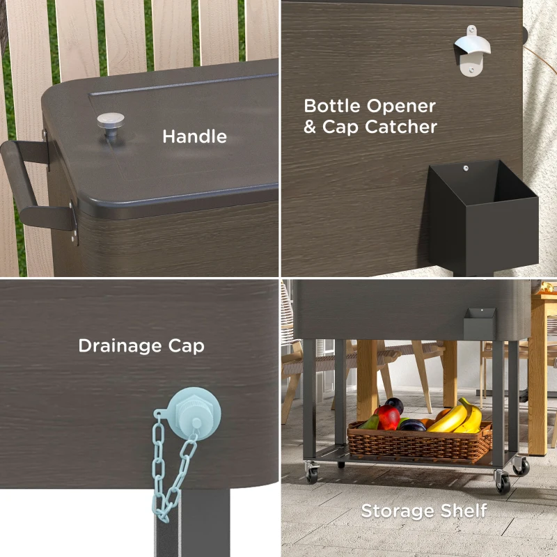 Outsunny Outdoor Beverage Cooler Bar Cart, 67-Qt Patio Cooler Cart Rolling Ice Chest with Shelf, Bottle Opener and Wheels, Grey