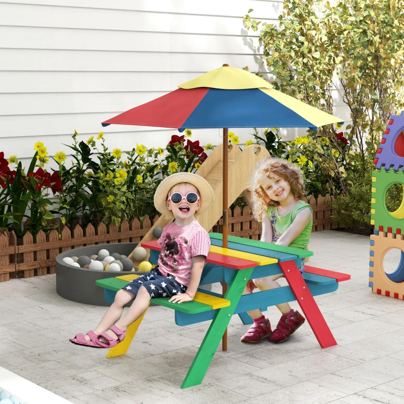 Outsunny Wooden Kids Picnic Table Set with Parasol, Seating for 2 Children 3-6 Years Old, for Patio Backyard, Indoor Outdoor Use