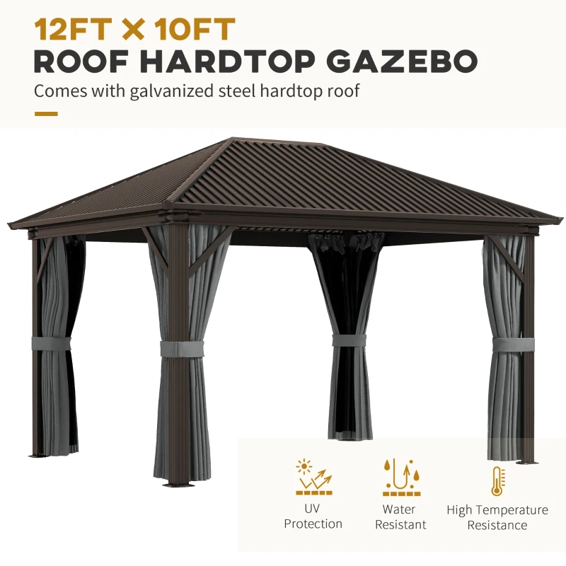 Outsunny 10' x 12' Hardtop Gazebo with Galvanized Steel Roof, Metal Canopy with Top Hook, Netting and Curtains, Dark Gray