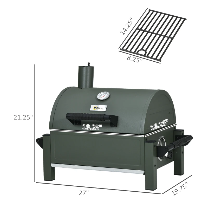 Outsunny Tabletop Charcoal Grill, Portable BBQ with Ash Catcher and Thermometer for Backyard, Camping, Picnic, Dark Green