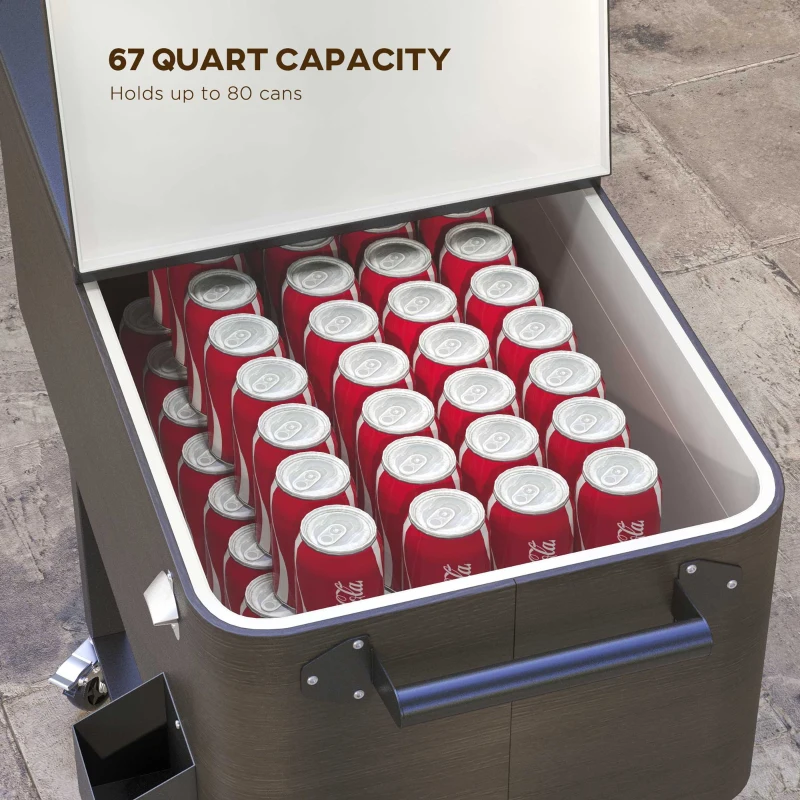 Outsunny Outdoor Beverage Cooler Bar Cart, 67-Qt Patio Cooler Cart Rolling Ice Chest with Shelf, Bottle Opener and Wheels, Grey
