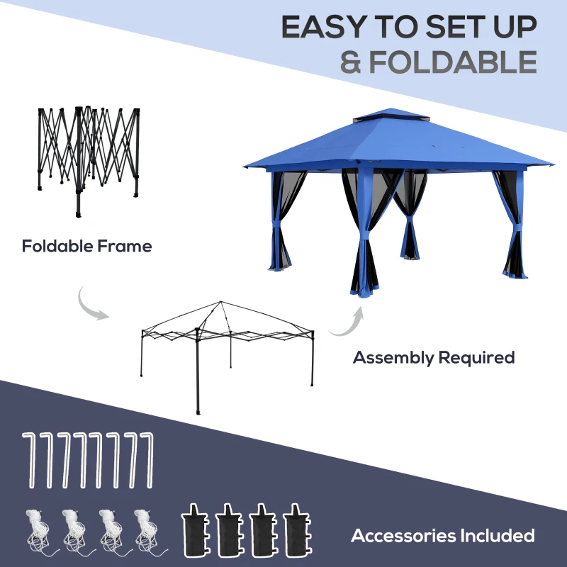 Outsunny 13' x 13' Pop Up Gazebo Instant Canopy Tent Shelter with 2-Tier Roof, Carry Bag, Wight Bags for Outdoor, Garden, Blue