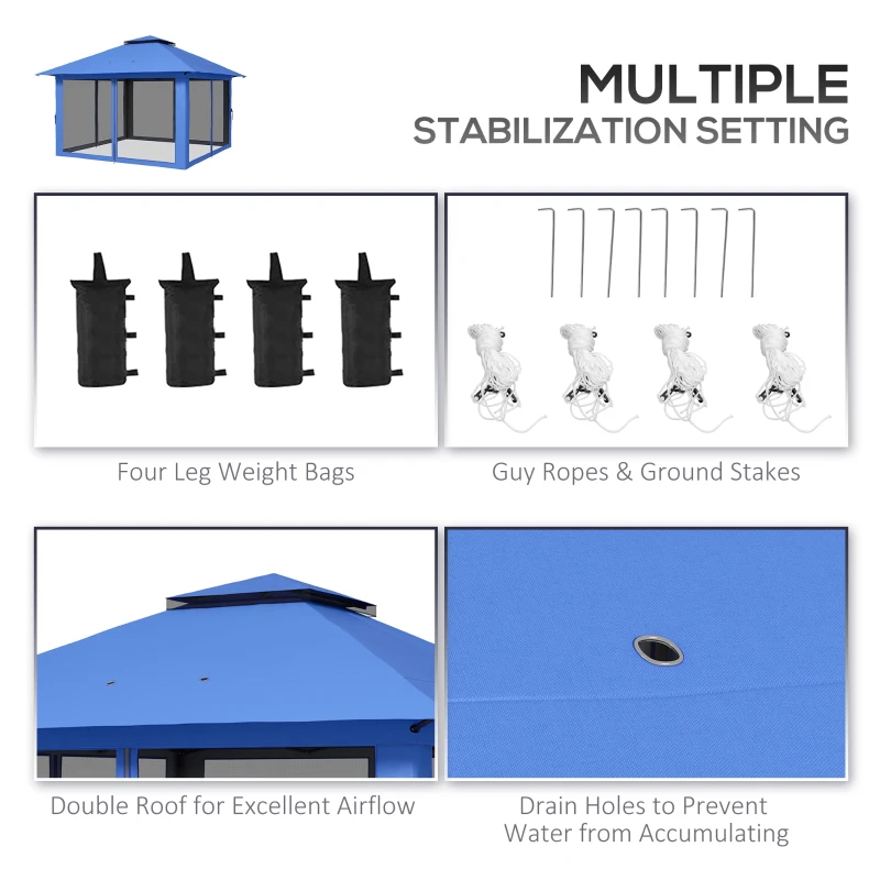 Outsunny 13' x 13' Pop Up Gazebo Instant Canopy Tent Shelter with 2-Tier Roof, Carry Bag, Wight Bags for Outdoor, Garden, Blue