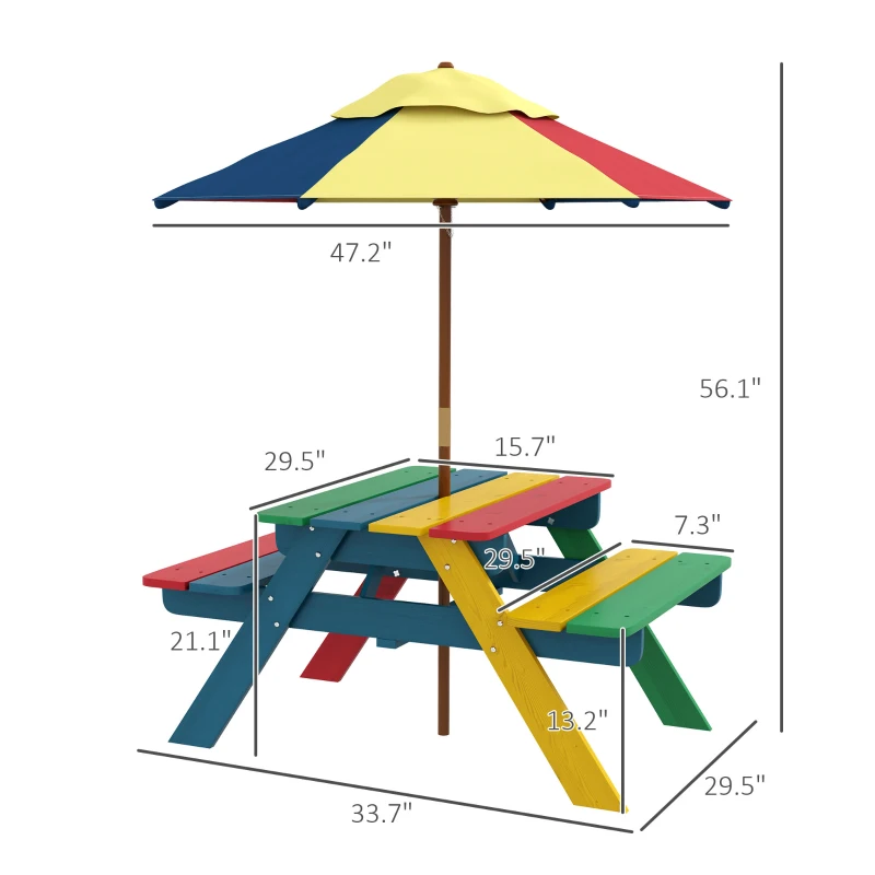 Outsunny Wooden Kids Picnic Table Set with Parasol, Seating for 2 Children 3-6 Years Old, for Patio Backyard, Indoor Outdoor Use