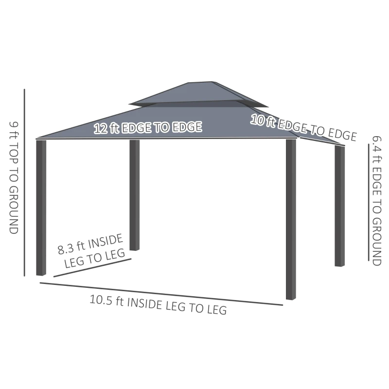 Outsunny 10' x 12' Hardtop Gazebo Permanent Pavilion w/ Double Roof Aluminum Frame Sidewalls for Patio Garden Deck, Dark Gray