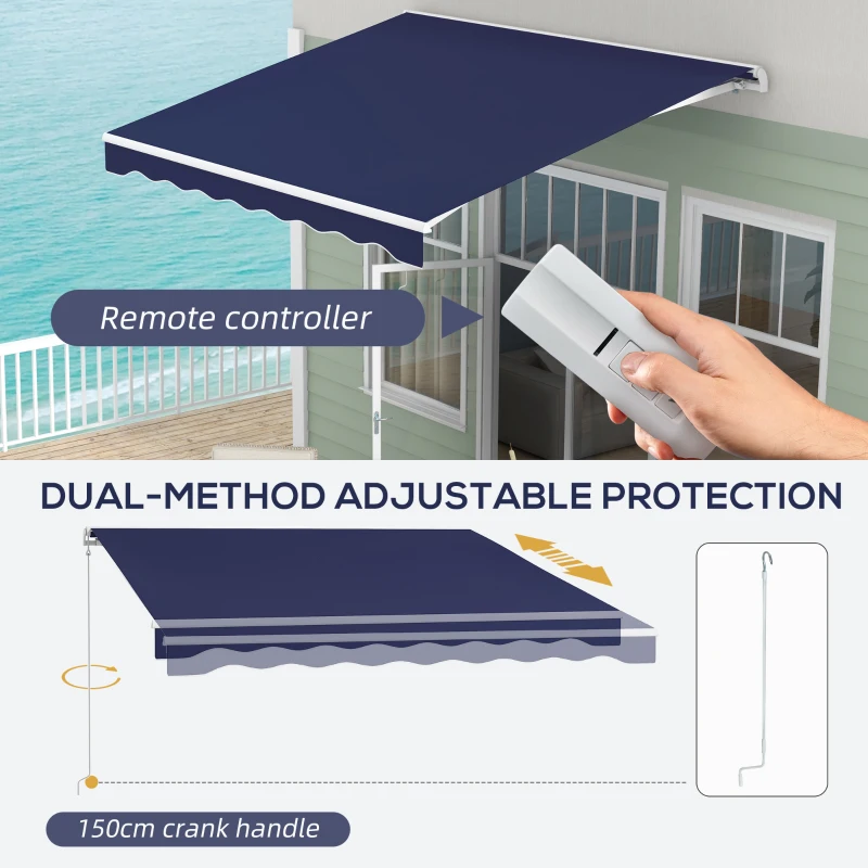 Outsunny 10' x 8' Retractable Awning, Electric Awning, UV Protection Sun Shade Shelter with Remote and Crank Handle, Dark Blue