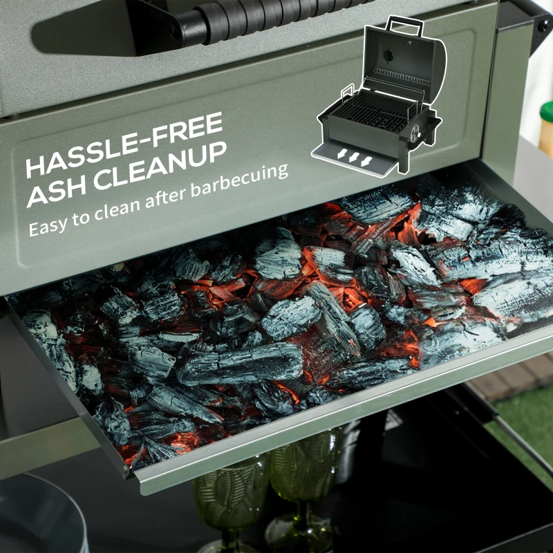 Outsunny Tabletop Charcoal Grill, Portable BBQ with Ash Catcher and Thermometer for Backyard, Camping, Picnic, Dark Green