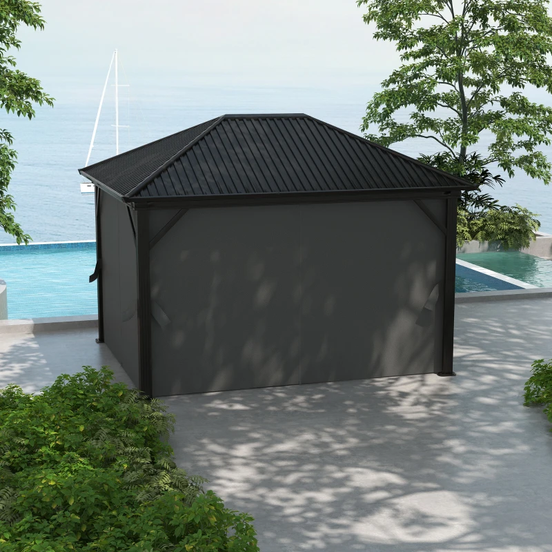 Outsunny 10' x 12' Hardtop Gazebo with Galvanized Steel Roof, Metal Canopy with Top Hook, Netting and Curtains, Dark Gray