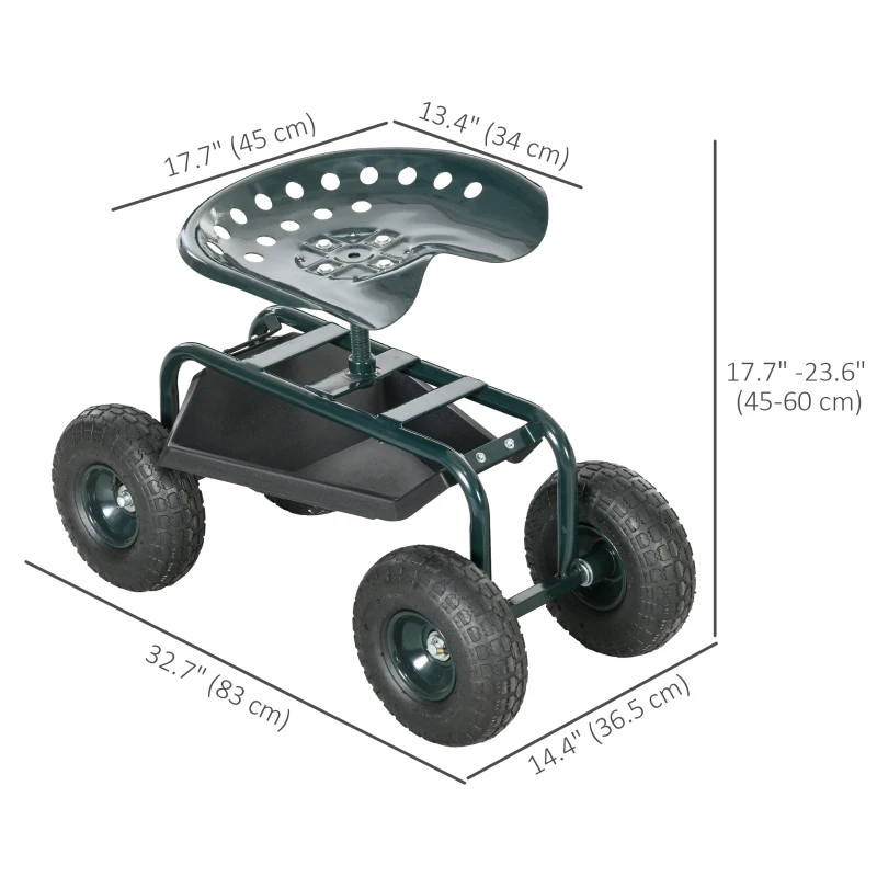Outsunny Garden Cart Garden Seat on Wheels with Tool Tray, 360° Swivel and Height Adjustable Seat, for Patio and Yard