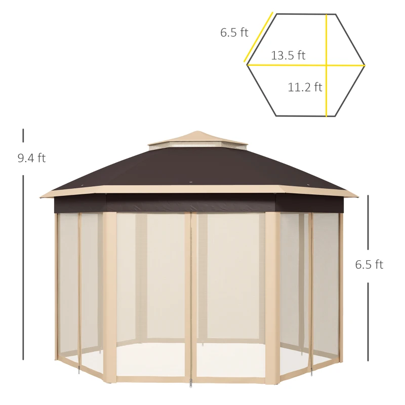 Outsunny 13' x 13' Pop Up Gazebo Hexagonal Canopy Shelter with 6 Zippered Mesh Netting for Patio, Backyard, Garden, Wedding, Party, Beige