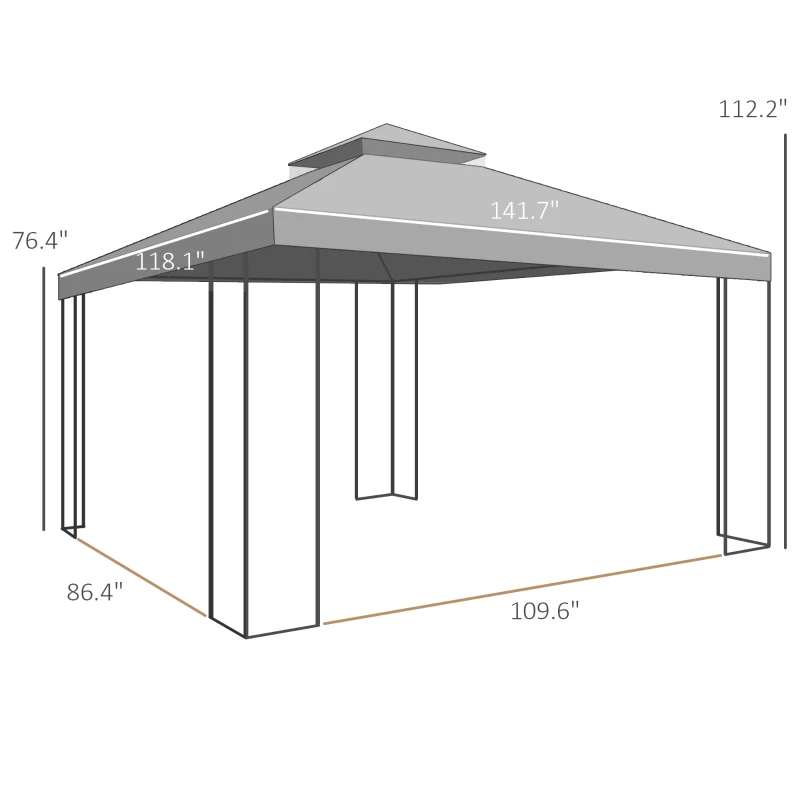 Outsunny 10' x 12' Steel Outdoor Gazebo, Elegant Garden Shelter with Mesh Curtains, Brown - Ideal for Patio & Backyard Entertaining