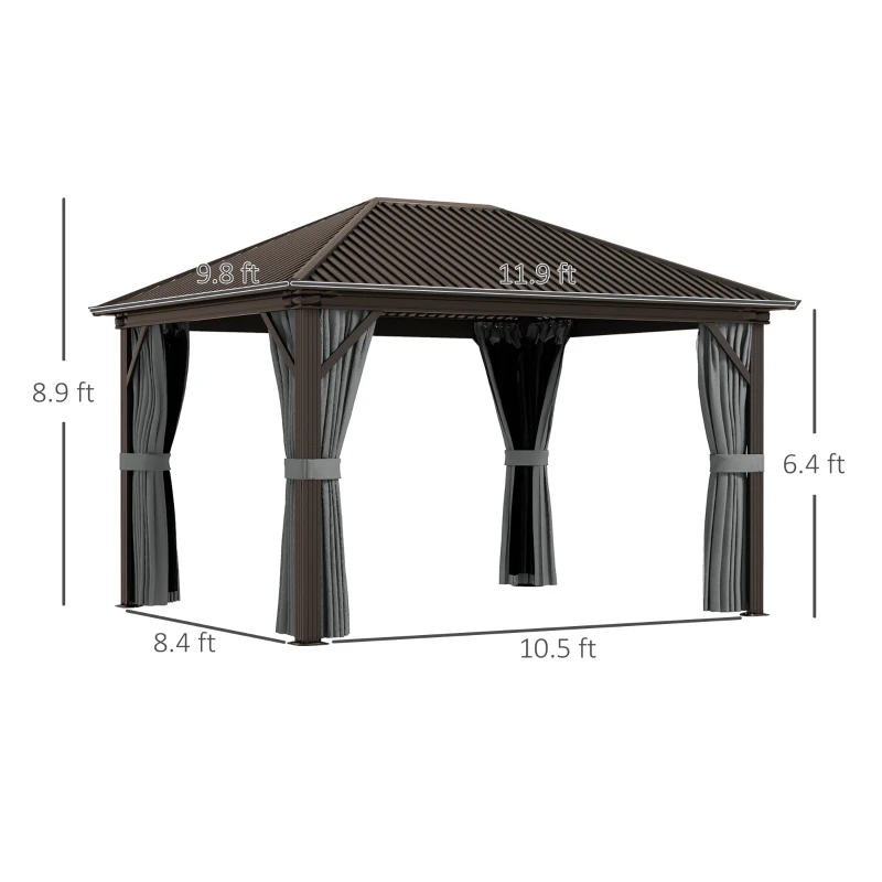 Outsunny 10' x 12' Hardtop Gazebo with Galvanized Steel Roof, Metal Canopy with Top Hook, Netting and Curtains, Dark Gray