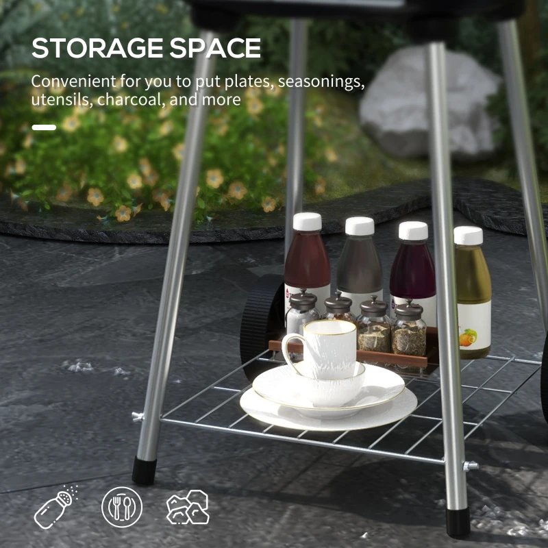 Outsunny 18" Portable BBQ Grill Charcoal Grill with Wheels Bottom Shelf and Adjustable Vents for Picnic, Camping, Backyard, Red