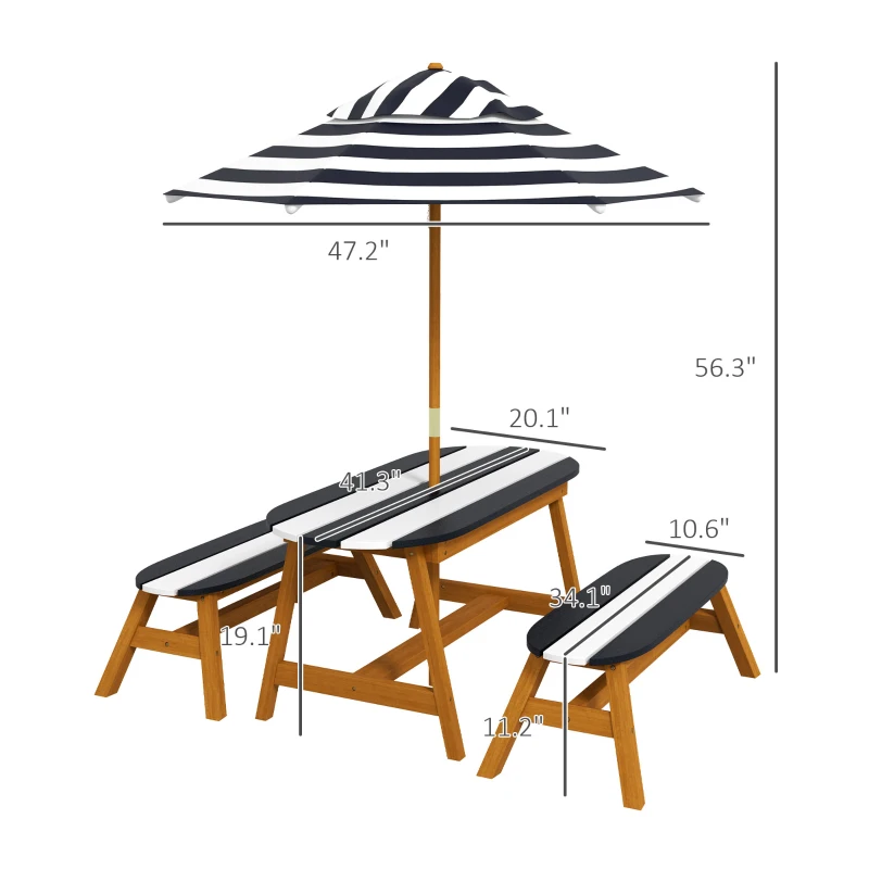 Outsunny Kids Table and Chair Set Wooden Kids Outdoor Table Set with Removable Umbrella for 4 Kids Ages 3-8 Years Old