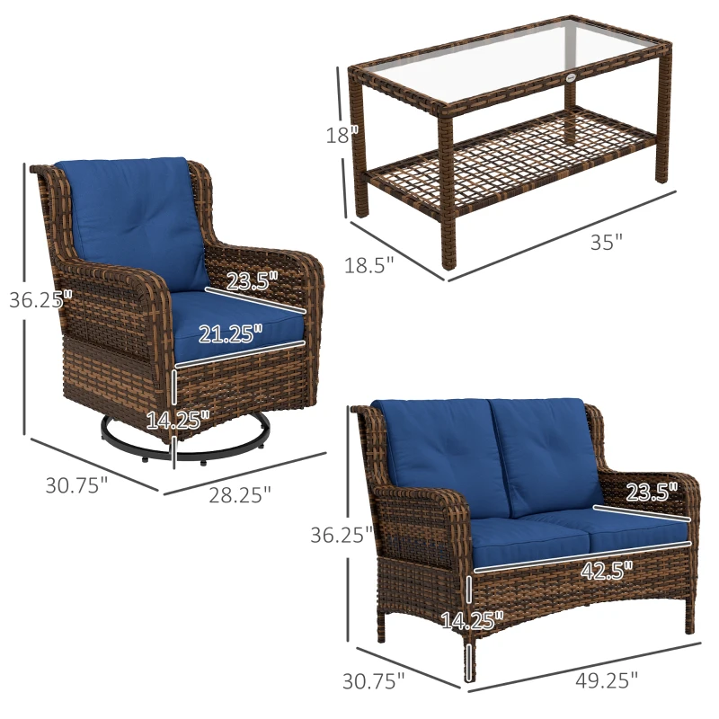 Outsunny 4 Piece Rattan Patio Furniture Set, Conversation Set with Swivel Glider Chairs Table Loveseat for Garden, Patio, Blue